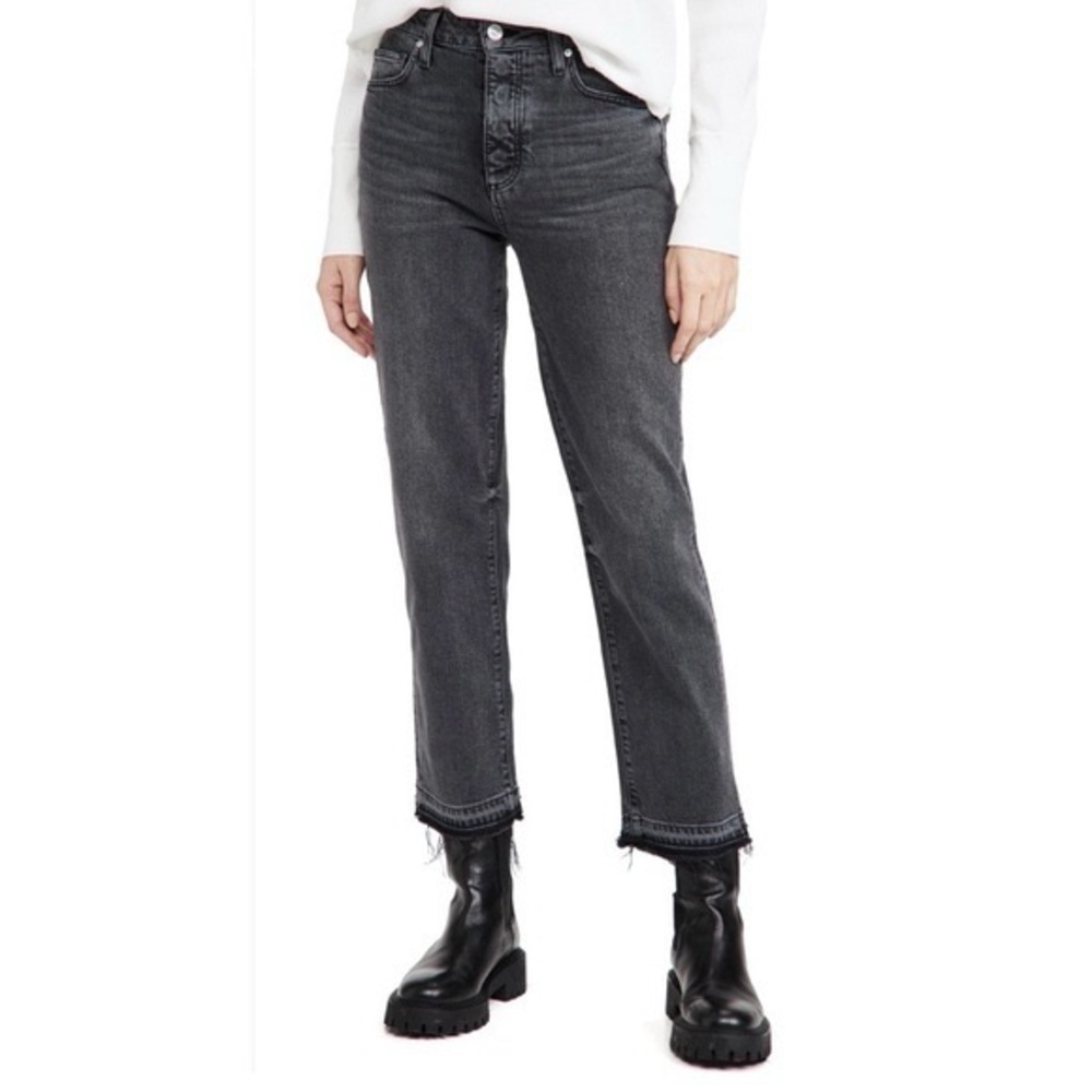 PAIGE Women’s Faded Black Raw Hem Button Fly Sarah Straight Ankle Jeans 29